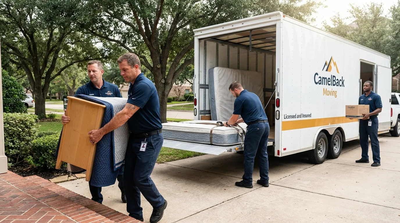 Crew loading residential truck for cross-state move from Little Chute, WI