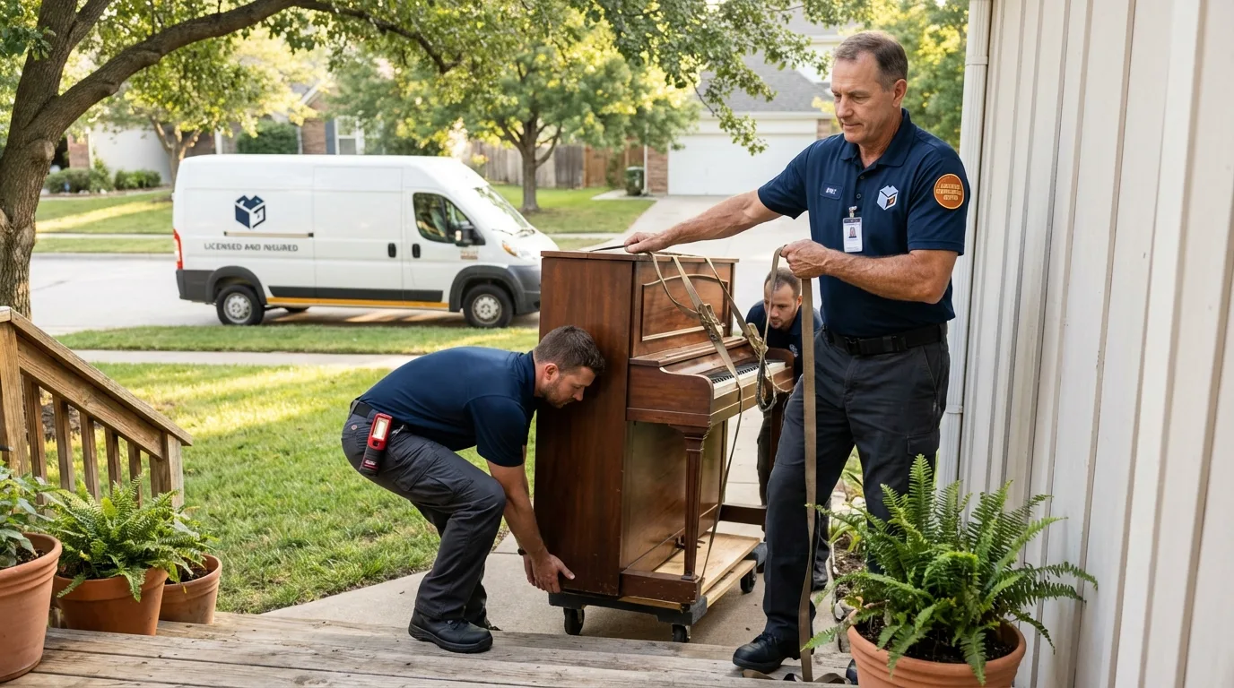 Licensed piano movers securing grand piano in Little Chute, WI
