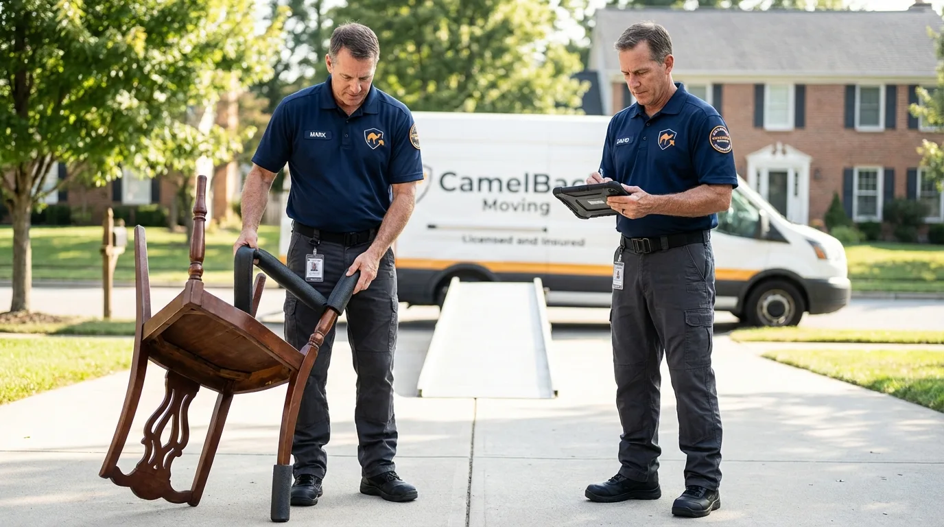Movers inspecting furniture for damage prevention before loading in Little Chute, WI